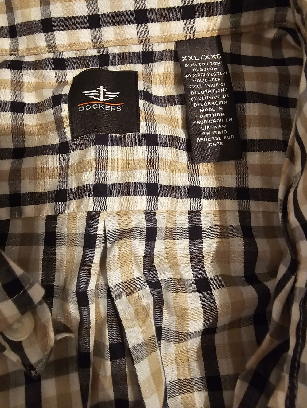 Dockers XXL Long Sleeve Men's Tan and Navy Plaid Button-Up Shirt